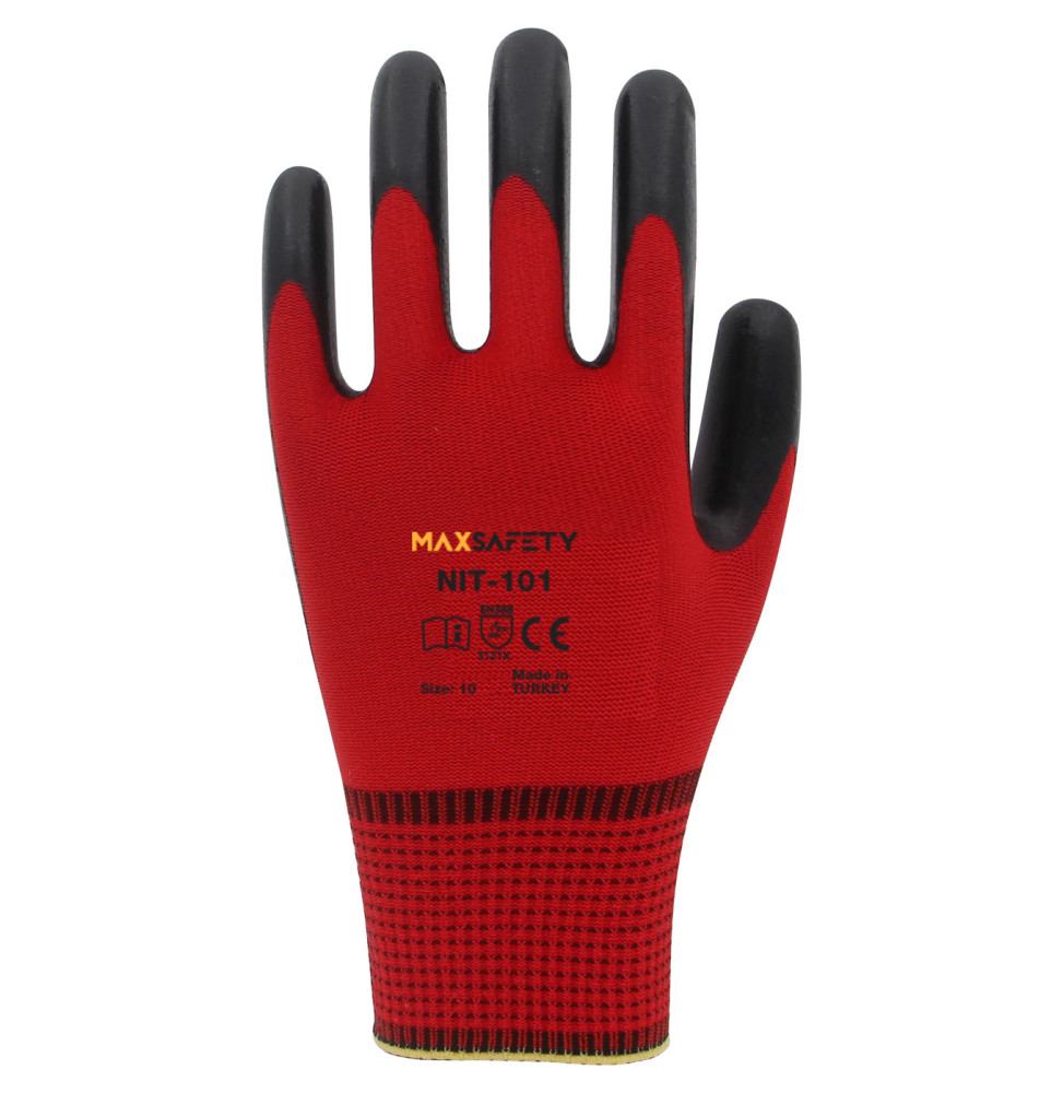 Max Safety NIT-101-10 NİTRİL KAPLI ELDİVEN (KIRMIZI - SİYAH) NO: 8 - 9 - 10